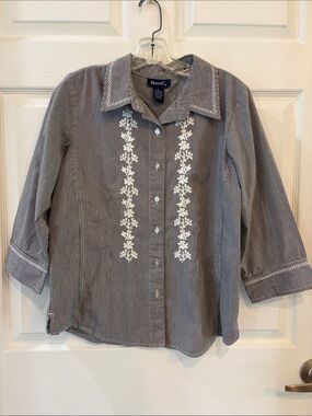 Denim & Co Gray Pinstripe Button-Down Shirt with White Floral Embroidery